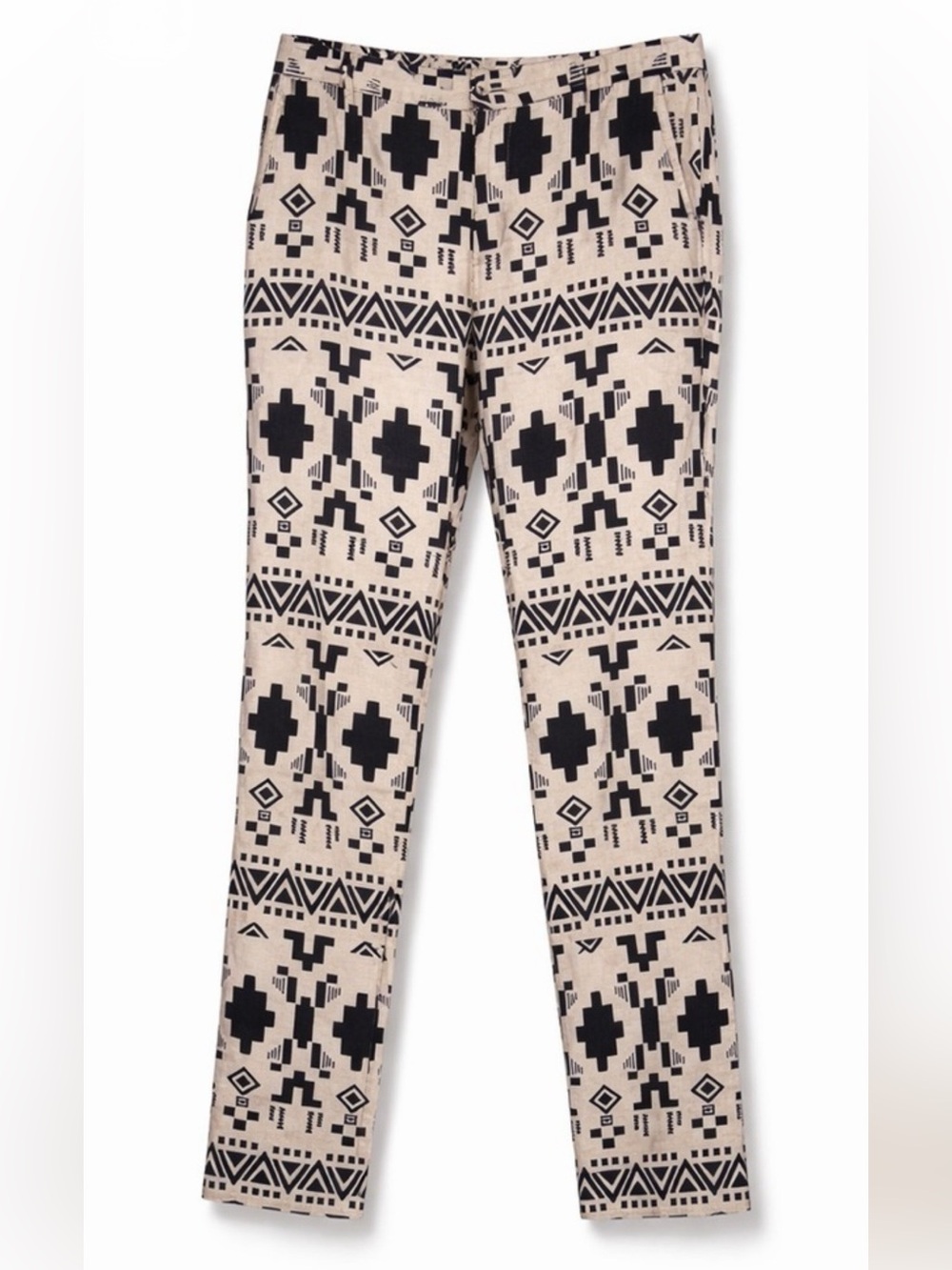 ZARA Tribal Print Linen Pants Men’s 32x31 Beige Black Boho Festival Summer